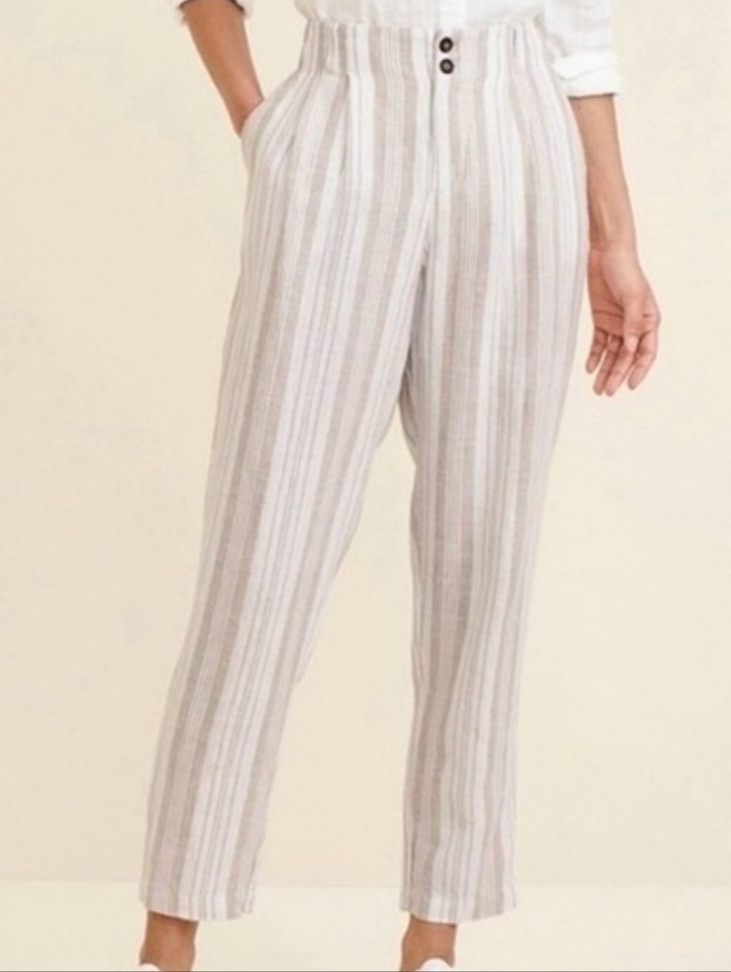 Garnet Hill High-Rise Striped Linen Blend Trausers Ankle Simmer Pants Sz 16